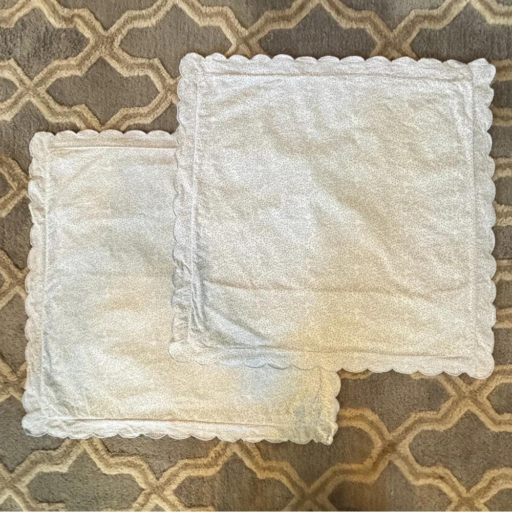 Vintage French Euro Sham Pillowcases Blue White Cotton Scalloped Edge Set